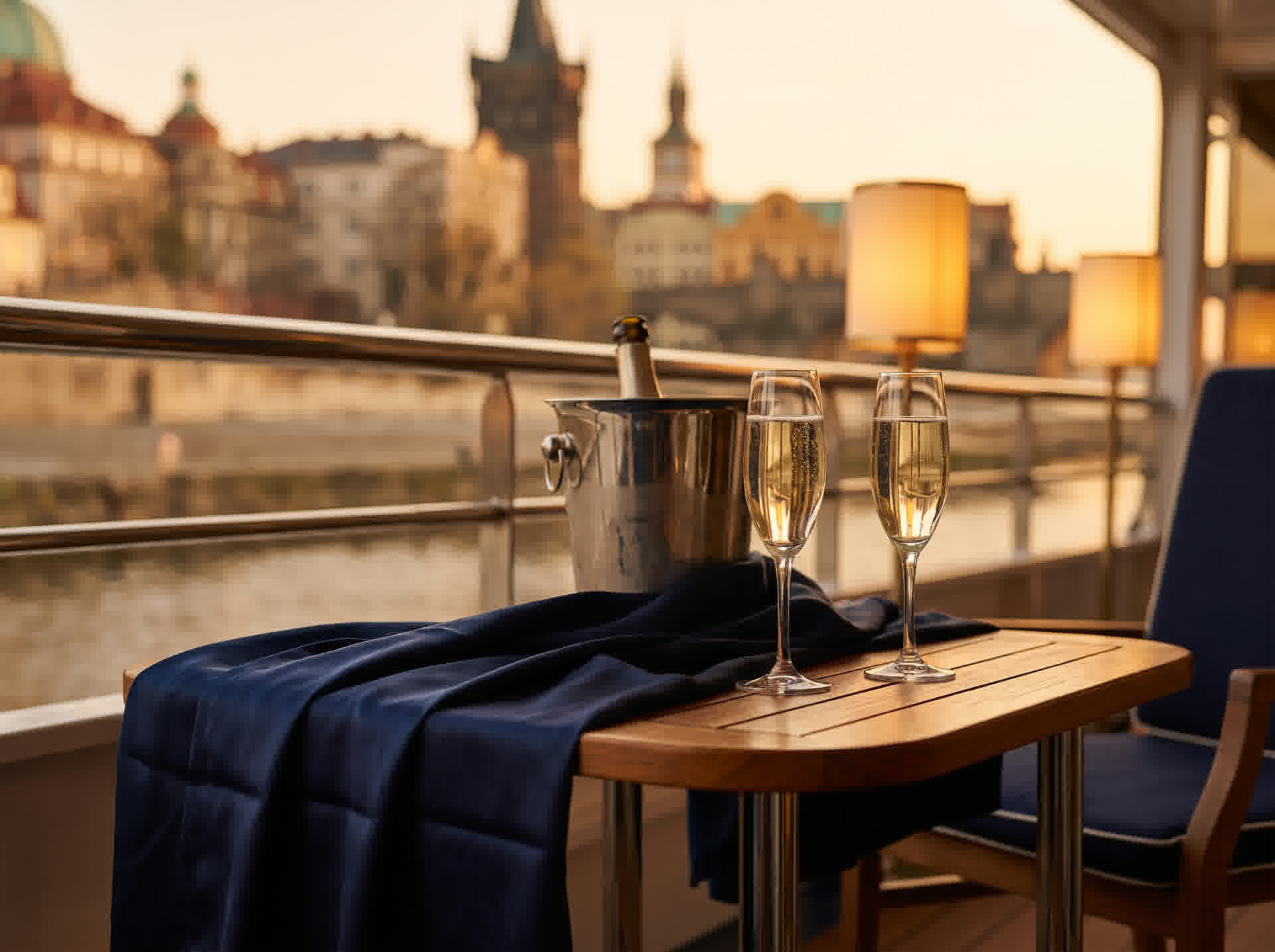 A river cruise suite balcony overlooking a European old town at sunset