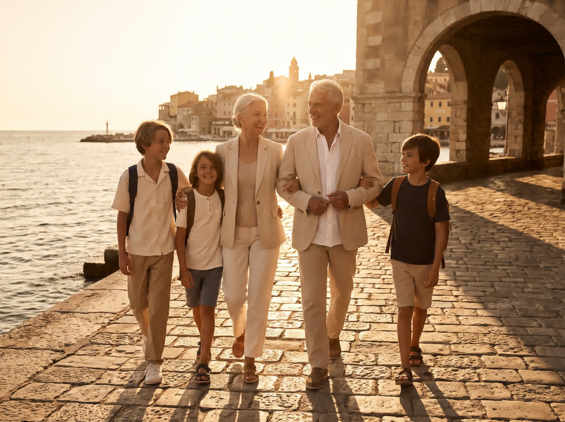 A multigenerational family walking together along a European seaside promenade